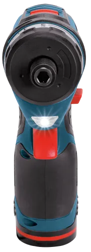 Taladro inalámbrico Bosch con interruptor de encendido rojo, luz brillante y carcasa negra y azul.