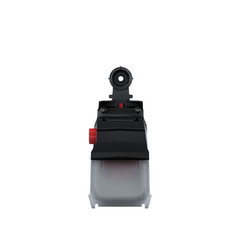 Dispositivo negro y rojo con abertura circular en la parte superior.