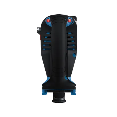 Herramienta eléctrica negra y azul con botones rojos.