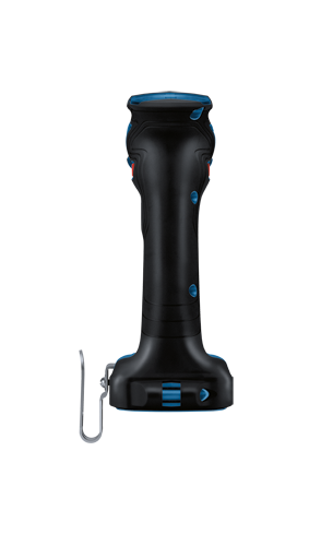 Herramienta eléctrica Bosch negra y azul con gancho metálico.