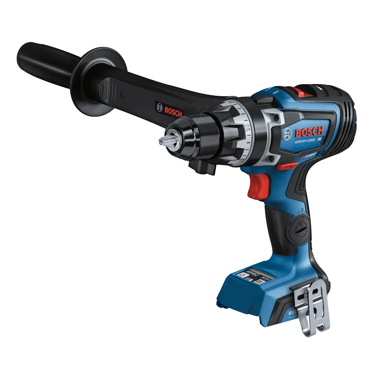 Bosch GSR18V-1330C HD Turbo taladro sin escobillas con mango negro adjunto.