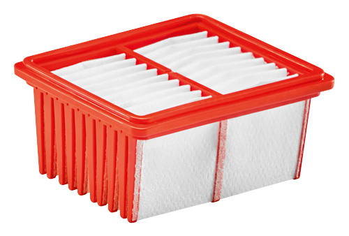 Filtro de aire naranja y blanco con laterales acanalados y forma rectangular.