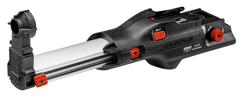 Herramienta Bosch negra y plateada con botones y mando rojos, con texto "BOSCH" y "FILTER CLEANING".