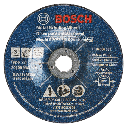 Disco de desbaste de metal Bosch, 3" (76 mm) Tipo 27, 20100 RPM MÁX., GW27LM300, 2 610 059 899, Eje 3/8" (9,5 mm), Fabricado en China.