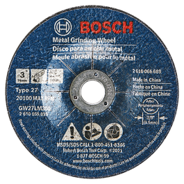 Disco de desbaste de metal Bosch, 3" (76 mm) Tipo 27, 20100 RPM MÁX., GW27LM300, 2 610 059 899, Eje 3/8" (9,5 mm), Fabricado en China.