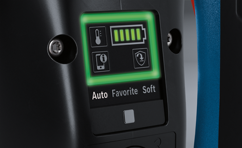 Pantalla iluminada con iconos para temperatura, nivel de batería, información y protección, con opciones para Auto, Favorito y Soft.