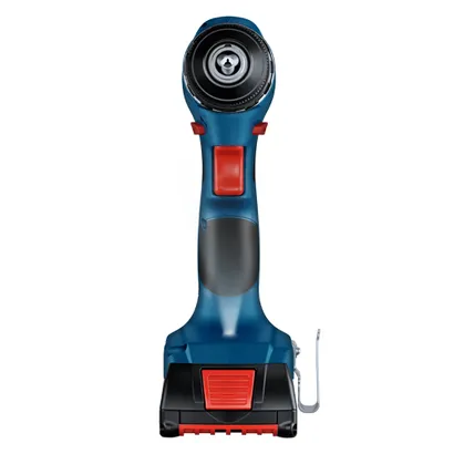 Taladro percutor Bosch azul y negro con detalles en rojo y clip metálico.