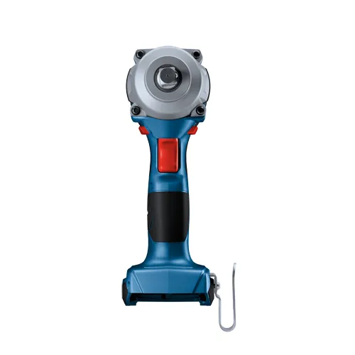 Llave de impacto inalámbrica Bosch azul y gris con botón rojo y gancho.