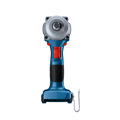 Llave de impacto inalámbrica Bosch azul y gris con botón rojo y gancho.
