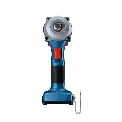 Llave de impacto inalámbrica Bosch azul y gris con botón rojo y gancho.