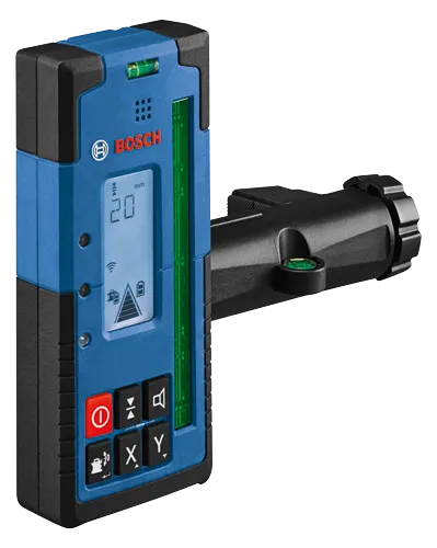 Nivel digital Bosch con pantalla de 20 "mm", con iconos, botones para X e Y, un altavoz y un nivel en el cuerpo y en un brazo.