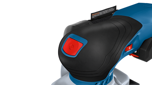 Herramienta Bosch con detalles en negro y azul, un botón rojo de encendido y un ajuste regulable etiquetado como "6". La herramienta incluye una advertencia sobre el lijado de superficies tratadas con resinas.