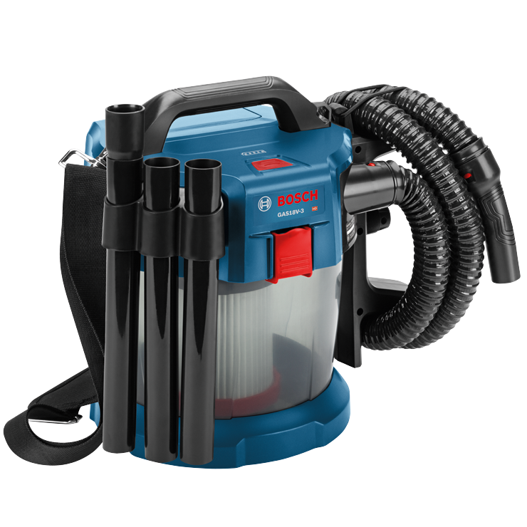 Aspirador GAS18V-3 HD de Bosch con manguera, accesorios y correa para el hombro.