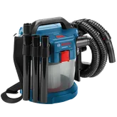 Aspirador GAS18V-3 HD de Bosch con manguera, accesorios y correa para el hombro.