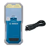 Producto láser Bosch con texto "OPEN", "IEC 60825-1:2014 <1mW, 515 nm" y "RADIACIÓN LÁSER NO MIRAR AL HAZ PRODUCTO LÁSER CLASE 2", además de un puerto de carga de 5V y un cable USB-C.