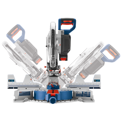 Sierra ingletadora Bosch con detalles en azul y negro, configurada en múltiples posiciones.