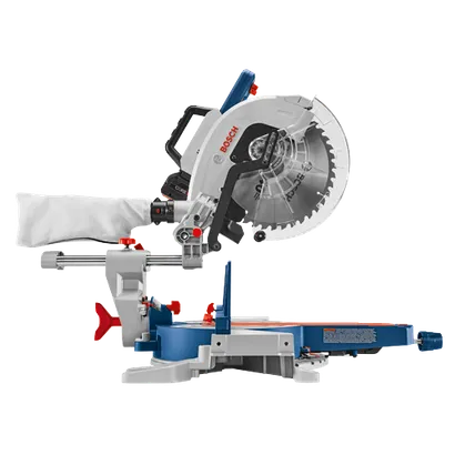 Sierra ingletadora Bosch, "BOSCH" impreso en el protector de la hoja. Batería Core 36V acoplada.