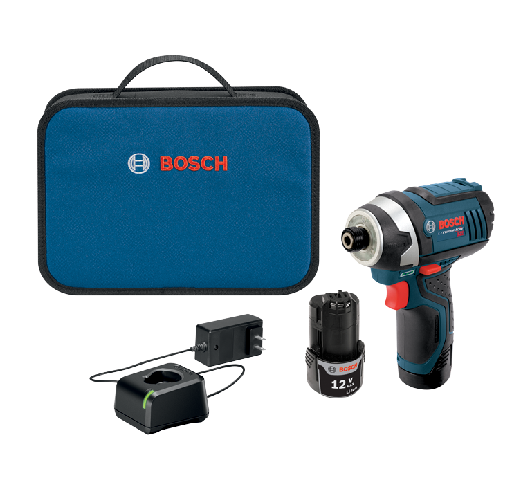 Taladro de impacto Bosch 12V Li-Ion, cargador y batería en maletín de transporte.