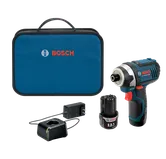 Taladro de impacto Bosch 12V Li-Ion, cargador y batería en maletín de transporte.