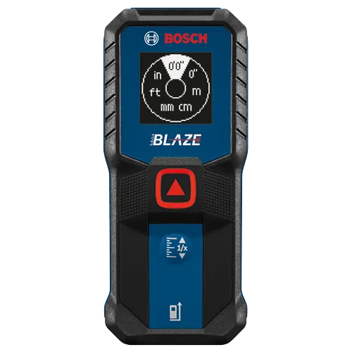 Medidor de distancia Bosch BLAZE con pantalla que muestra "0'0", in, ft, m, mm, cm, y con botones visibles.
