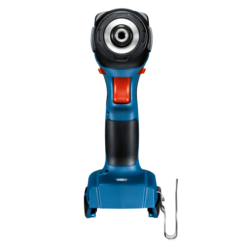 Herramienta eléctrica Bosch azul y negra con botón rojo y gancho metálico.