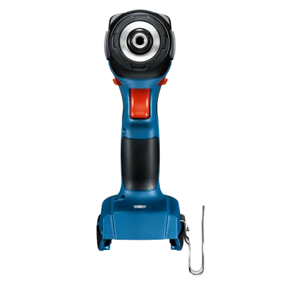 Herramienta eléctrica Bosch azul y negra con botón rojo y gancho metálico.