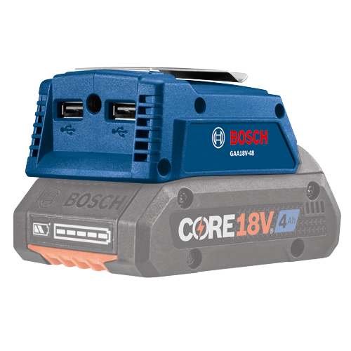 Cargador Bosch GAA18V-48 sobre batería CORE18V de 4 Ah.