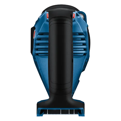 Herramienta Bosch azul y negra, vista vertical, con detalles en naranja.