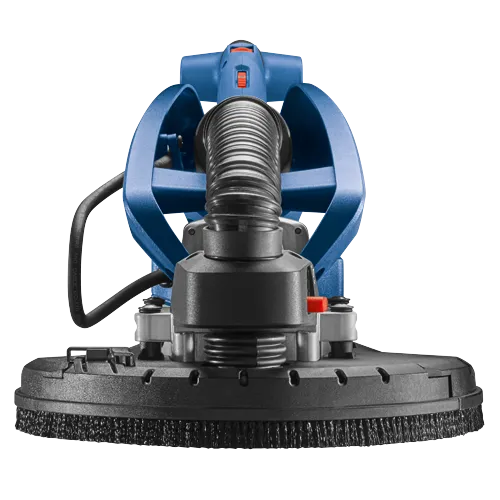 Herramienta eléctrica Bosch, con carcasa azul y negra, y una escobilla negra en la parte inferior. Se observa una manguera negra, y un interruptor naranja indica un "5".