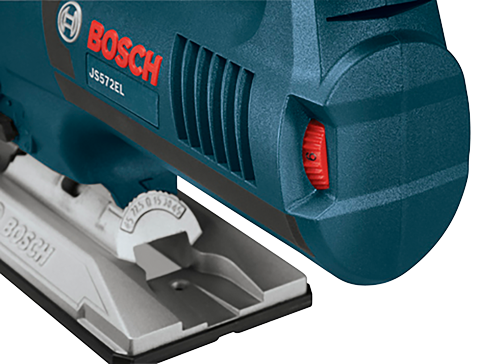 Sierra caladora Bosch JS572EL con interruptor rojo y ángulos de ajuste 0, 15, 30, 45, 72.5.