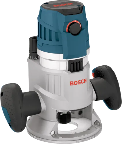 Router de potencia Bosch con velocidad ajustable y empuñaduras laterales.