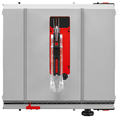 Mesa de sierra Bosch con componentes rojos y grises.