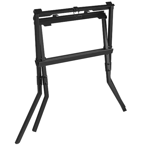 Soporte metálico negro con patas plegables y estructura superior de soporte.