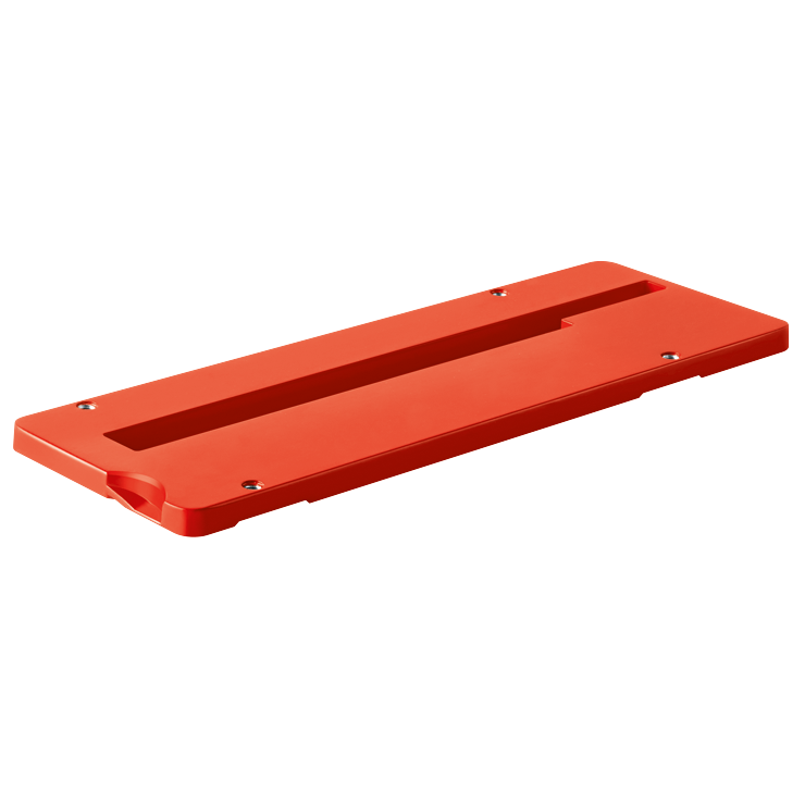 Objeto rectangular naranja con área rehundida y cuatro tornillos.