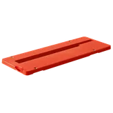 Objeto rectangular naranja con área rehundida y cuatro tornillos.