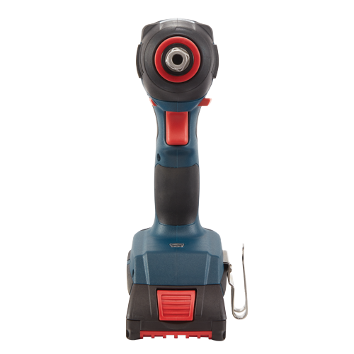 Atornillador de impacto Bosch, color turquesa y negro con detalles en rojo, clip plateado.