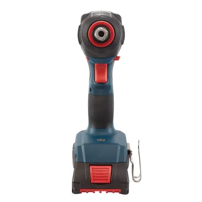 Atornillador de impacto Bosch, color turquesa y negro con detalles en rojo, clip plateado.