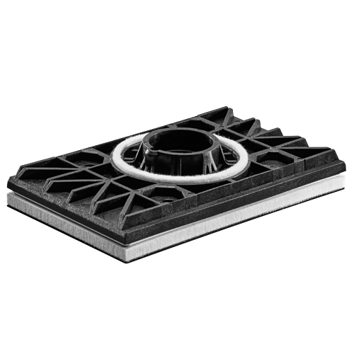 Pieza rectangular de plástico negro con encastre circular y anillo blanco tipo fieltro.