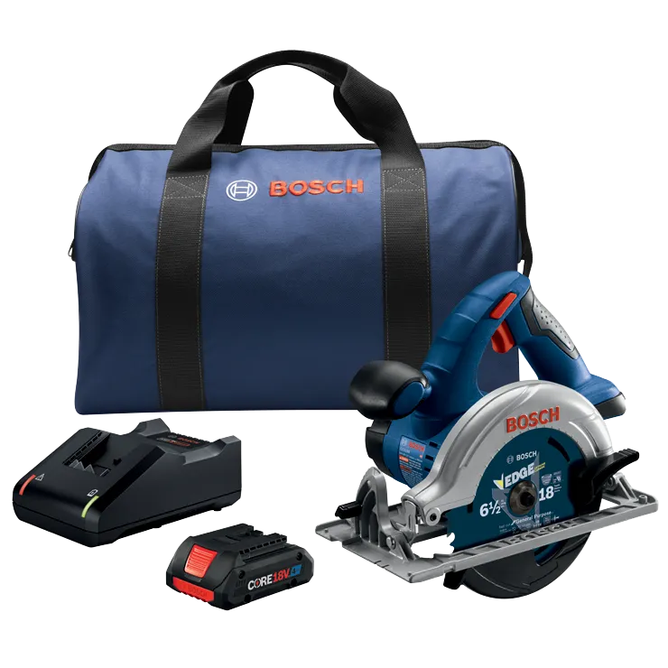 Sierra circular Bosch CCS180 de 6 1/2", hoja Bosch EDGE, batería CORE de 18V, cargador y bolsa.