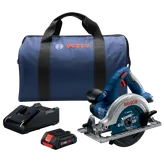 Sierra circular Bosch CCS180 de 6 1/2", hoja Bosch EDGE, batería CORE de 18V, cargador y bolsa.