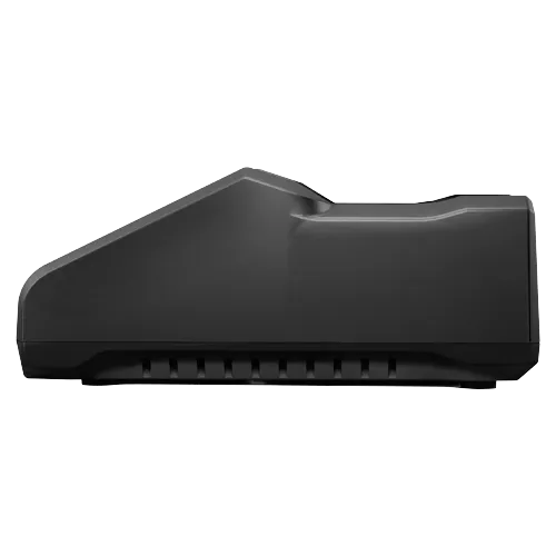 Objeto rectangular negro con una cresta en la parte superior y ranuras verticales en la parte inferior.