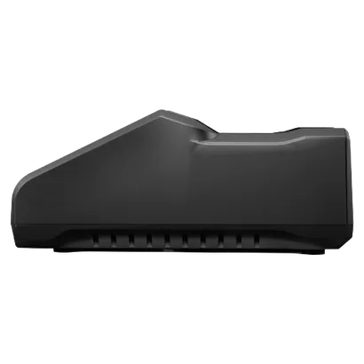 Objeto rectangular negro con una cresta en la parte superior y ranuras verticales en la parte inferior.