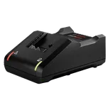 Cargador de batería Bosch, con luces indicadoras rojas y verdes, y logotipo "BOSCH".