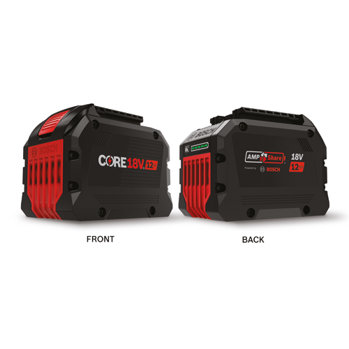 Batería Bosch CORE18V 12Ah, vista FRONTAL y POSTERIOR. La parte frontal está marcada "CORE18V 12Ah". La parte posterior está marcada "AMP Share 18V 12Ah" con un indicador del nivel de la batería.