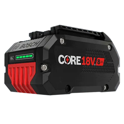 Batería Bosch con texto "CORE 18V 8 Ah" e indicador de carga.