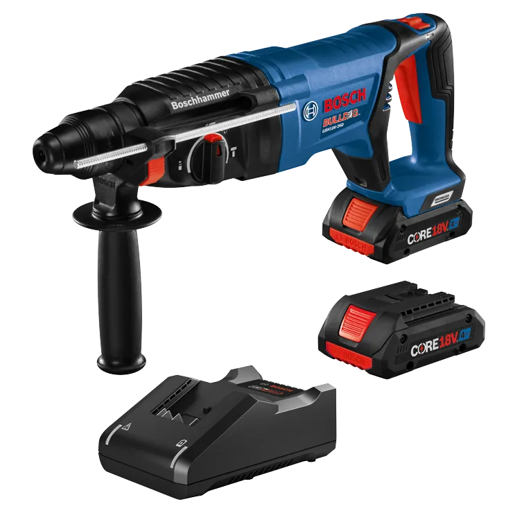 Bosch martillo rotativo GBH18V-26D, batería y cargador; "Boschhammer" visible.