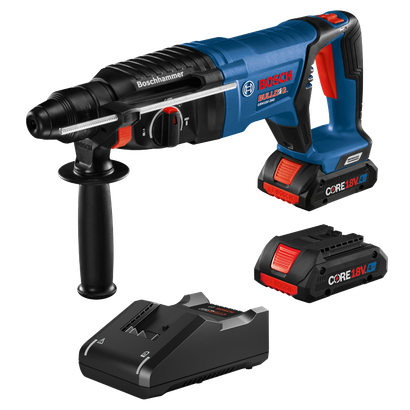 Bosch martillo rotativo GBH18V-26D, batería y cargador; "Boschhammer" visible.