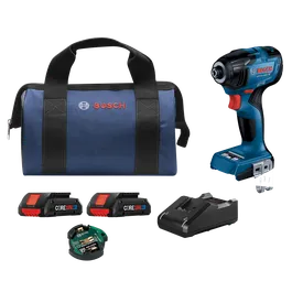 Bosch GDR18V-1860C HD atornillador de impacto con motor sin escobillas, baterías CORE18V 4Ah, cargador y una bolsa de transporte azul con "BOSCH" impreso.