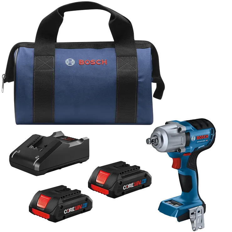 Llave de impacto Bosch GDS18V-330C, baterías CORE18V de 4.0 Ah, cargador y bolsa.
