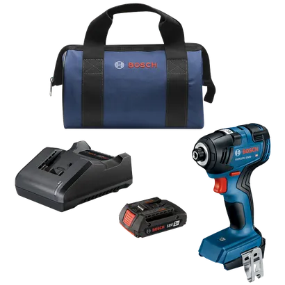 Atornillador de impacto Bosch GDR18V-1800 HD, cargador, batería de 18V 2Ah y maletín de transporte.